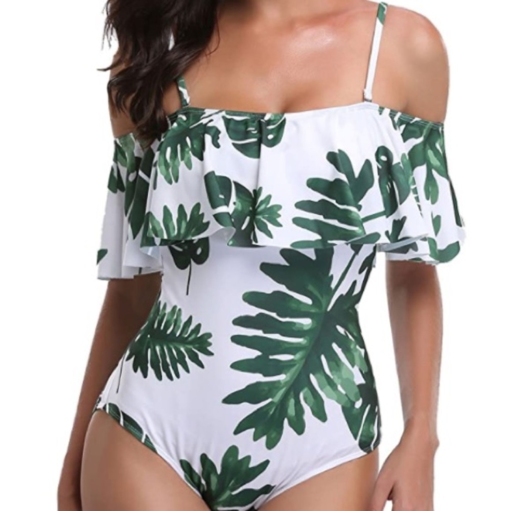Women's Adjustable Padded Ruffle Swimsuit-White Tropical Hawaiian Leaf Large